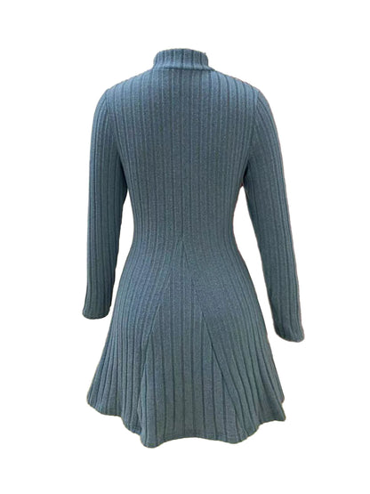 Women’s Ribbed A-Line Knit Mini Dress – Long Sleeve, Mock Neck, Slim Fit