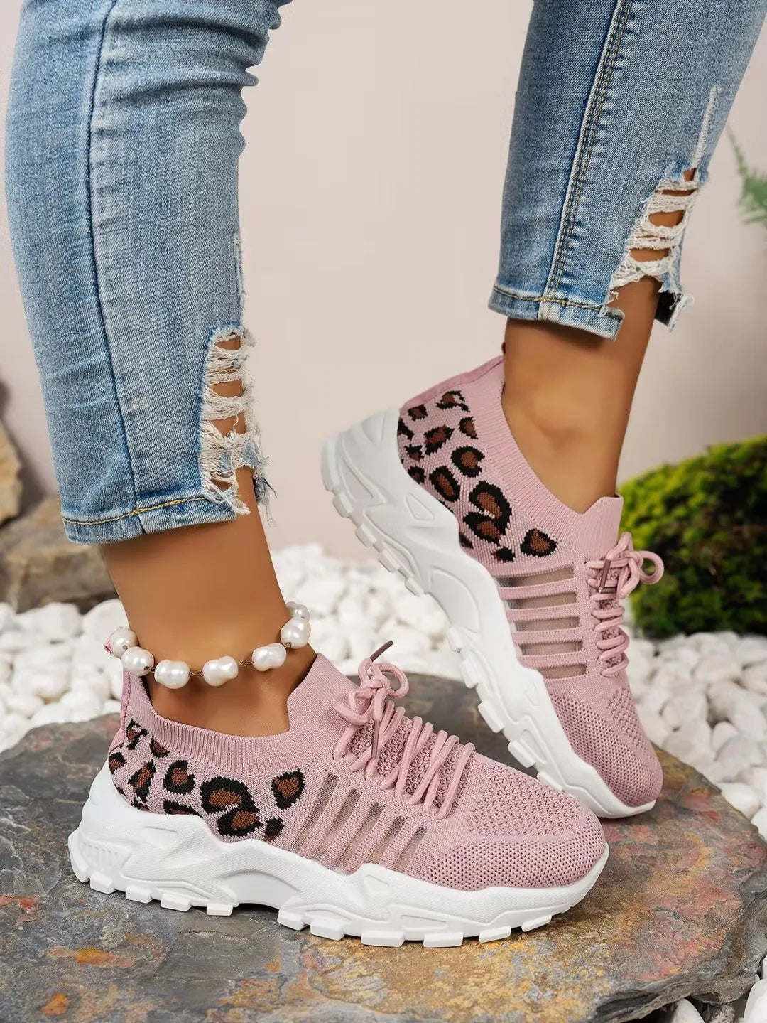 Women's peek-a-boo mesh Leopard print sneakers