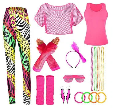 Women’s 80s Workout Outfit Set – Neon Mesh Top & Leggings – Rose Tie-dye – XL