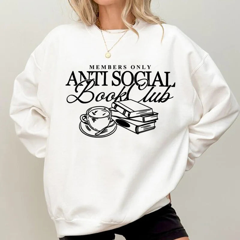 Women's "anti Social Book Club" Sweatshirt – Cozy Reader Crewneck Pullover – Khaki – Xxxl