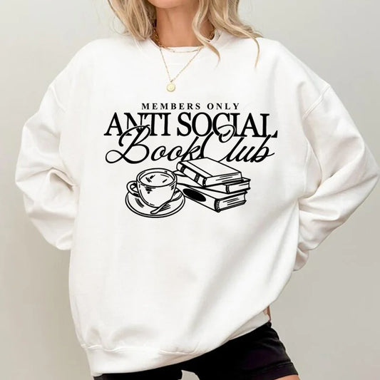 Women's "anti Social Book Club" Sweatshirt – Cozy Reader Crewneck Pullover – Khaki – Xxxl