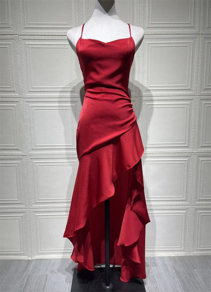Women’s Satin Spaghetti Strap Maxi Dress – Ruffle Thigh Split, Backless