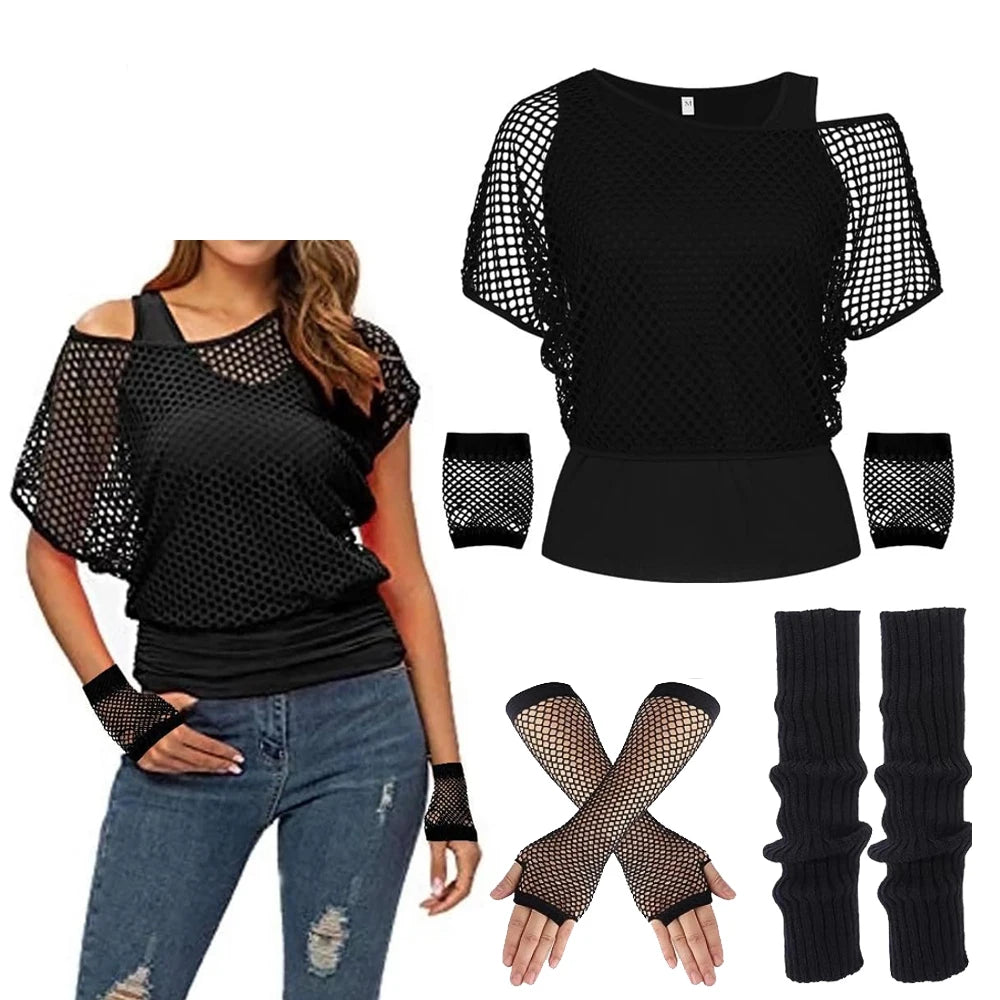 Women’s 80s Neon Mesh Top and Gloves Set – Retro Party Costume – Violet Purple Set – XL