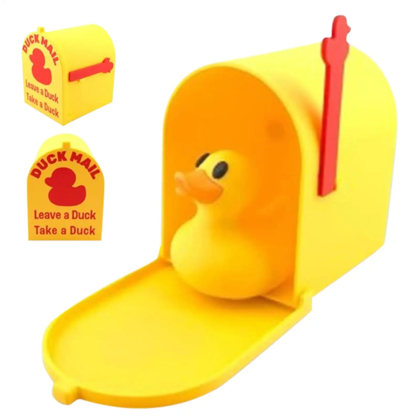 Yellow rubber duck mailbox with red handle on a white background