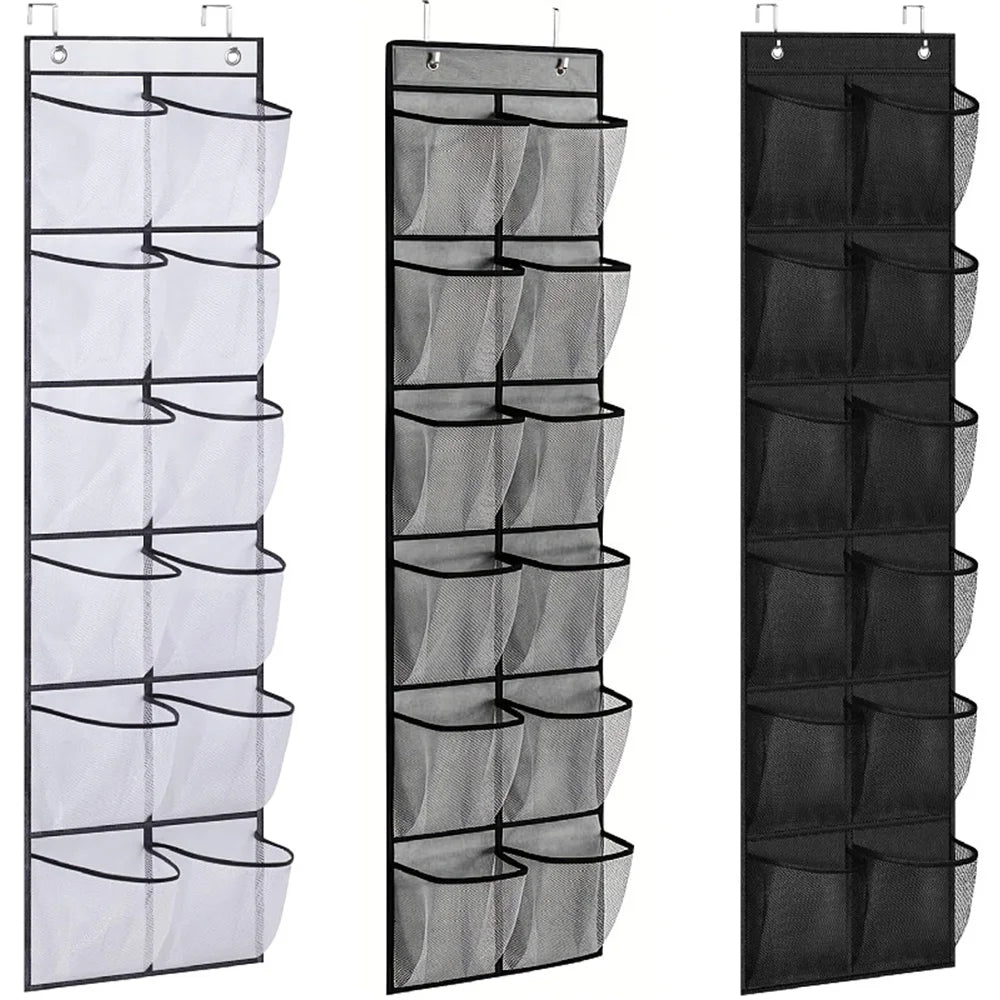 Three black over-the-door shoe organizers with varying numbers of pockets.