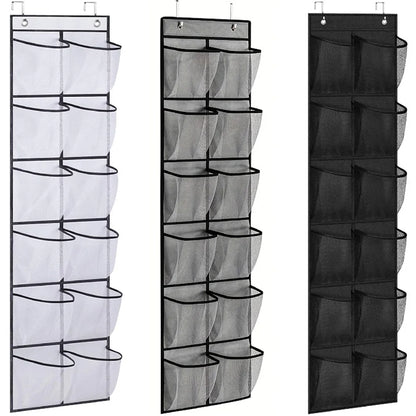 Three black over-the-door shoe organizers with varying numbers of pockets.