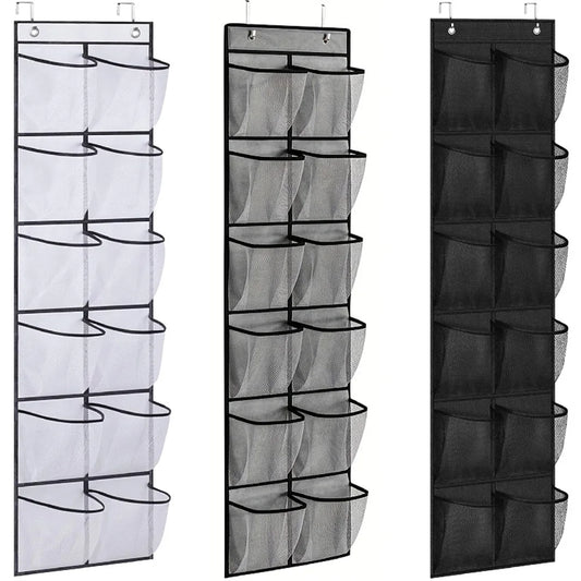 Three black over-the-door shoe organizers with varying numbers of pockets.