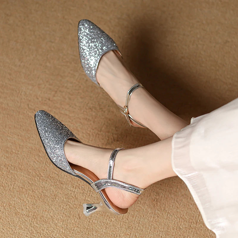 Women's Glitter Closed-Toe Kitten Heels with Ankle Strap