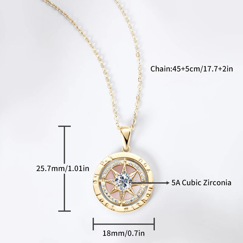 Women’s Sterling Silver Compass Necklace – 6.5mm Cubic Zirconia Pendant