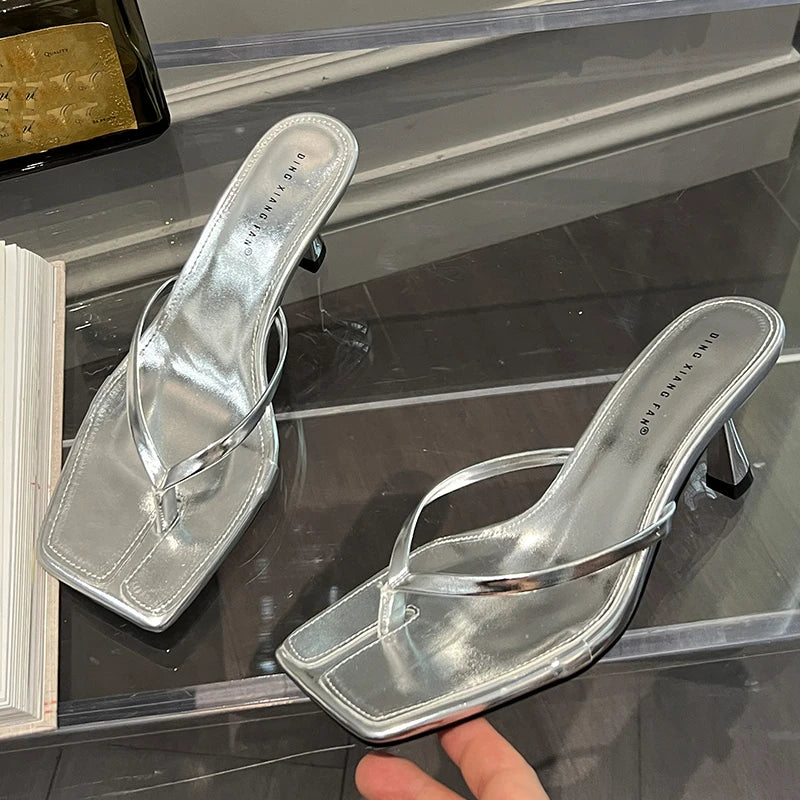 Women’s Strappy Heeled Flip Flop Sandals – Square Toe Slip-On Heels