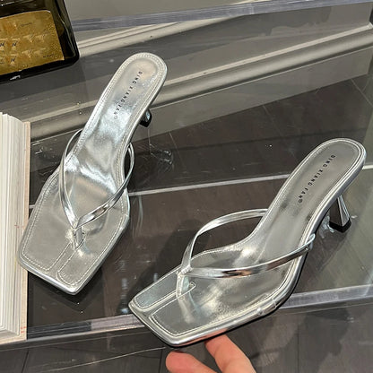 Women’s Strappy Heeled Flip Flop Sandals – Square Toe Slip-On Heels