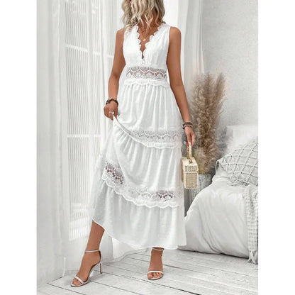 Women’s Lace V-Neck Maxi Dress – High Waist, Ankle Length