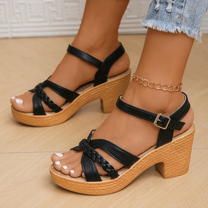 Platform Heeled Sandals – Buckle Strap, Open Toe