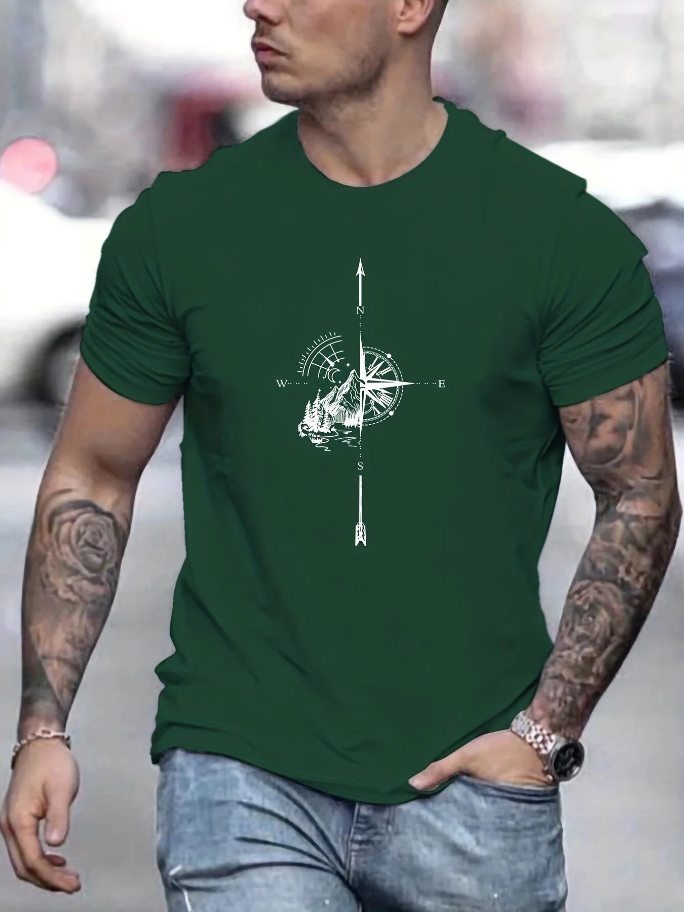 Men’s Cotton Compass Graphic T – Shirt – Lightweight Travel Comfort – Olive Green – S