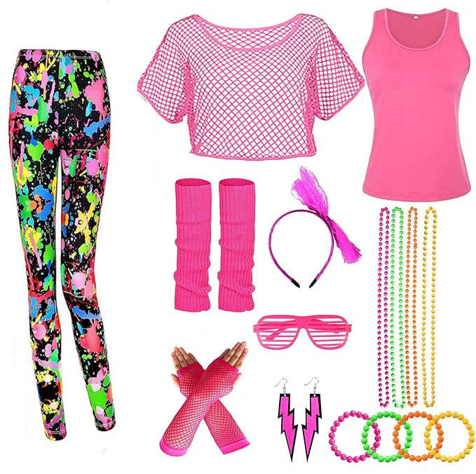 Women’s 80s Workout Outfit Set – Neon Mesh Top & Leggings – Green Tie-dye – XL