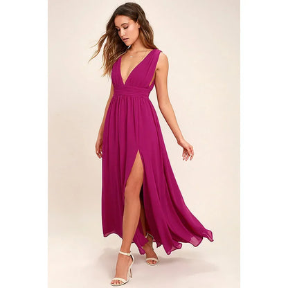 Backless Deep-V Chiffon Maxi Dress – Flowy Slit Evening Gown
