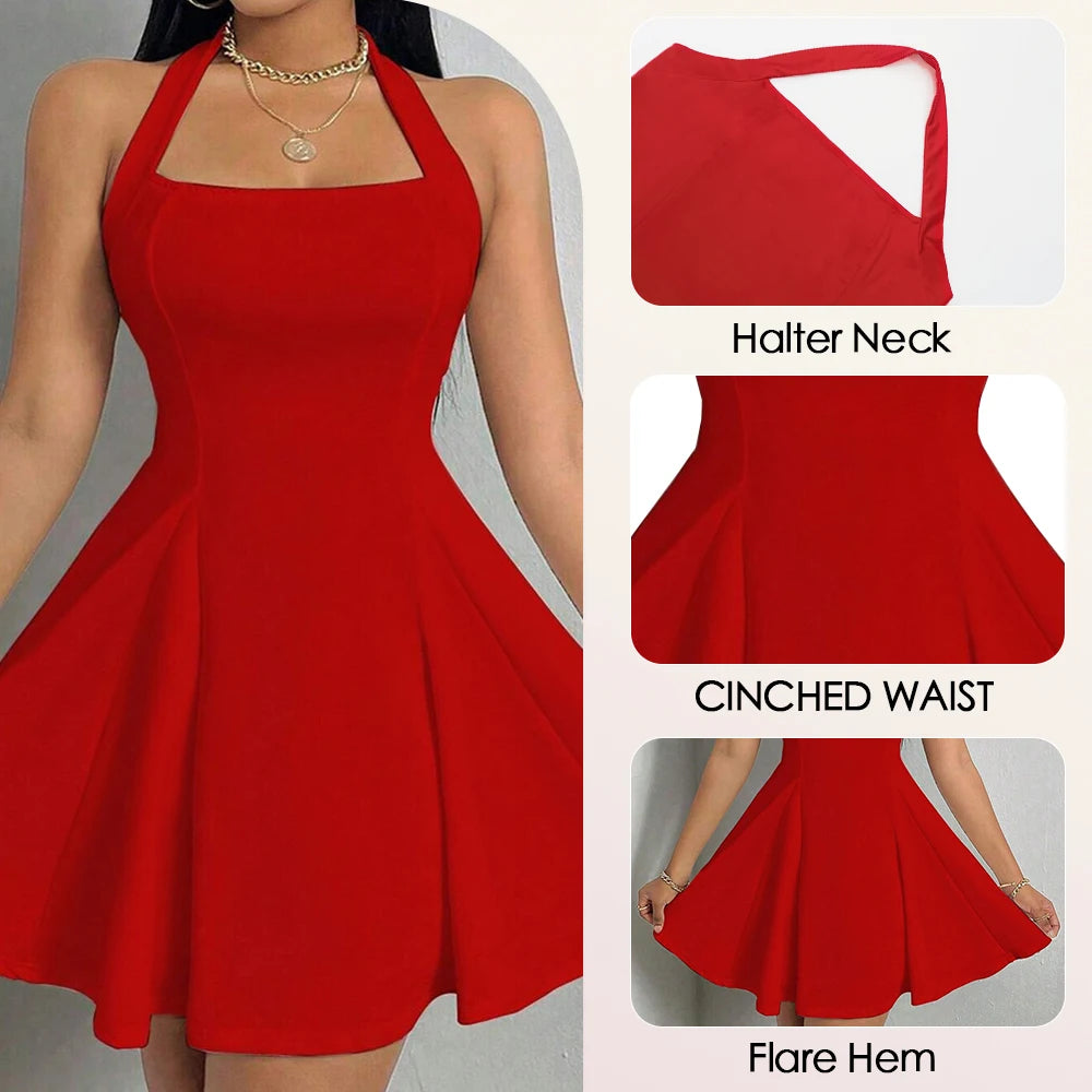 Women’s & Teens Square Neck Pleated Mini Dress – Halter A-Line