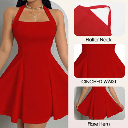 Women’s & Teens Square Neck Pleated Mini Dress – Halter A-Line