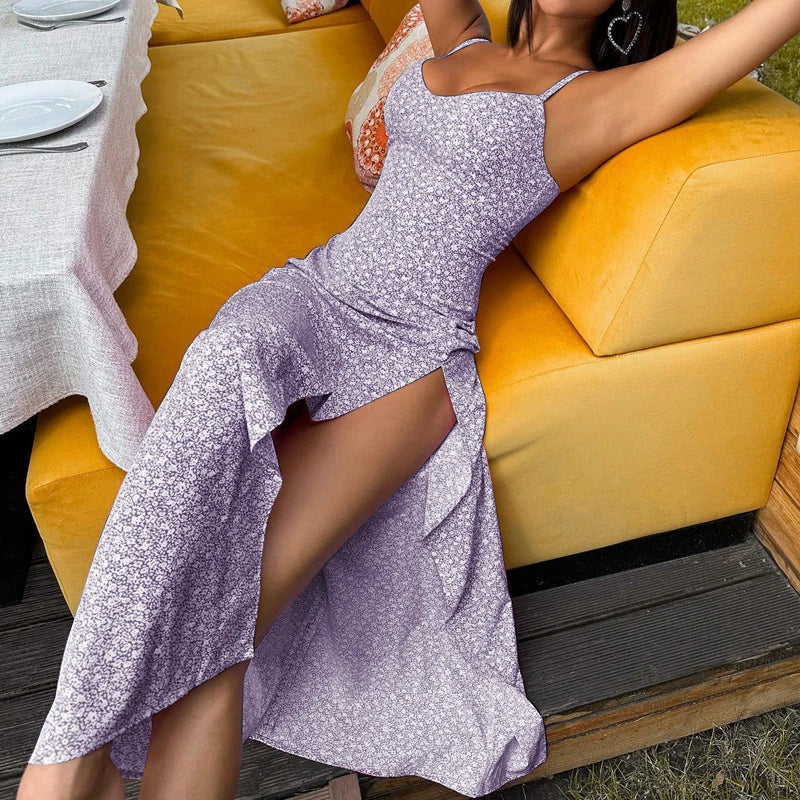 Sunlit Petal Split Maxi Dress – Women’s Floral Spaghetti Strap Summer Dress