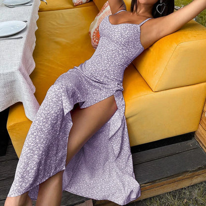 Sunlit Petal Split Maxi Dress – Women’s Floral Spaghetti Strap Summer Dress
