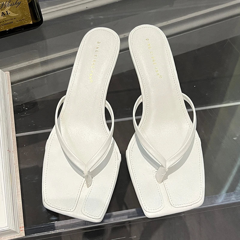 Women’s Strappy Heeled Flip Flop Sandals – Square Toe Slip-On Heels