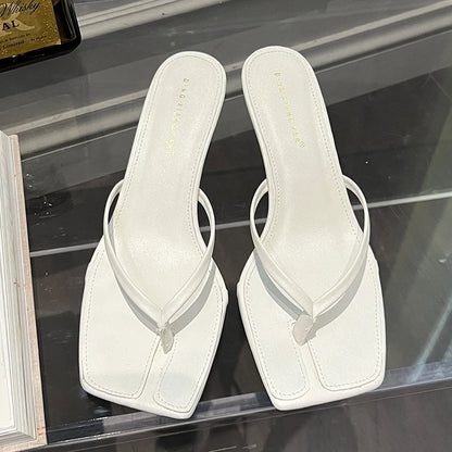 Women’s Strappy Heeled Flip Flop Sandals – Square Toe Slip-On Heels
