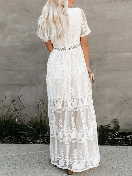 Women’s Embroidered Lace Maxi Dress – Elegant White Boho Beach Style