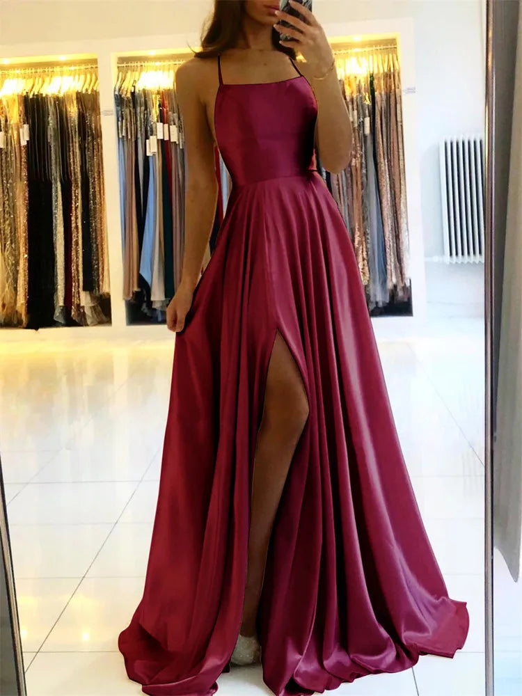 Women’s & Teens Satin Maxi Dress – Adjustable Straps & Side Slit