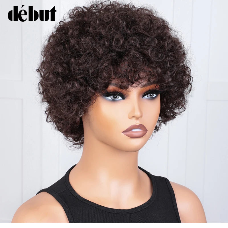 Short Curly Human Hair Wig with Bangs – Natural Brown Pixie Style