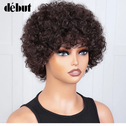 Short Curly Human Hair Wig with Bangs – Natural Brown Pixie Style