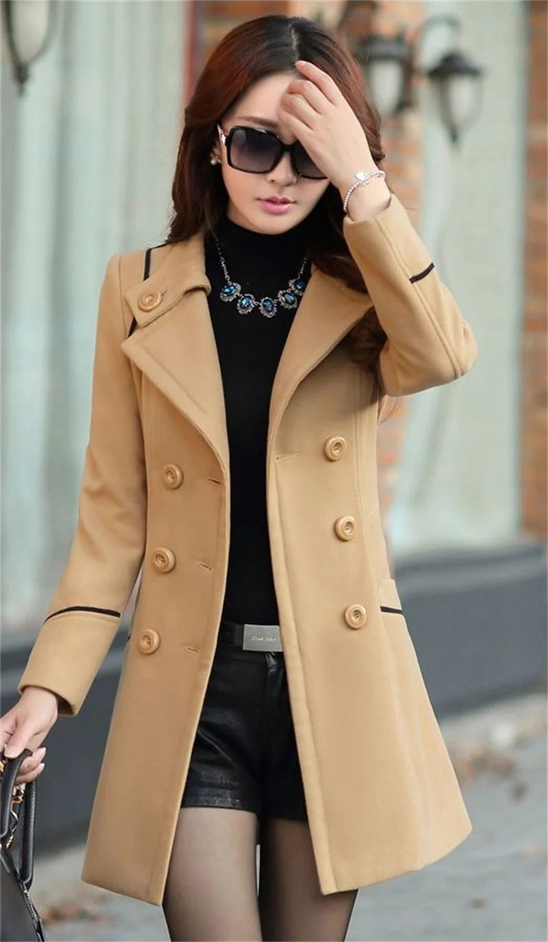 Women’s Wool-Blend Double-Breasted Coat – Classic Long Peacoat