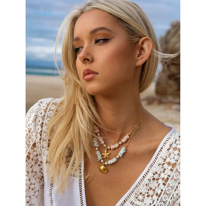 Layered Shell & Starfish Pendant Necklace – Stainless Steel, Gold Tone