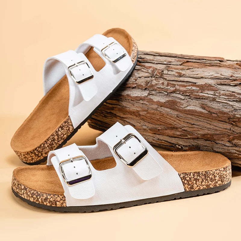 Men’s Double – Buckle Cork Slides – Comfortable Summer Sandals – Brown – 43
