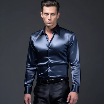 Men’s Satin Dress Shirt – Long Sleeve Formal Button Down