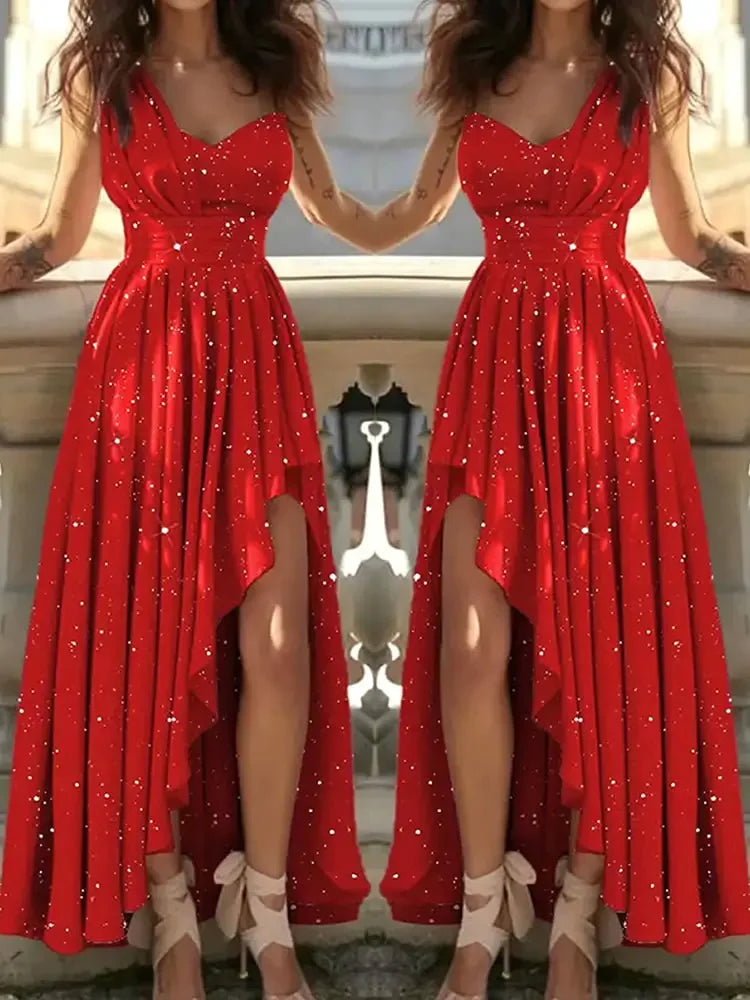 Red sparkly dress worn by a person, reflected in a mirror.