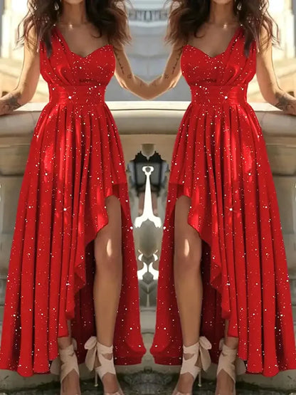 Red sparkly dress worn by a person, reflected in a mirror.