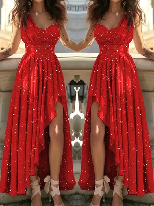 Red sparkly dress worn by a person, reflected in a mirror.
