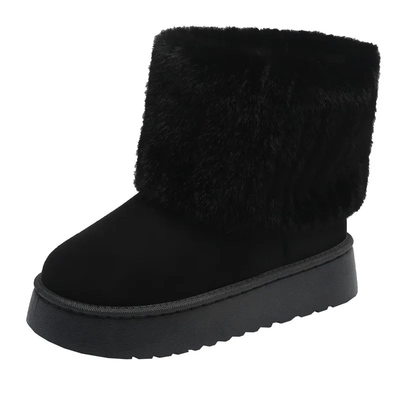 Women’s Faux Fur Slip – on Winter Boots – Warm Plush Mid – Heel Comfort – Black – 38