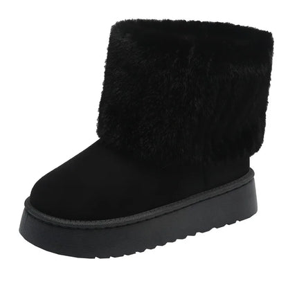 Women’s Faux Fur Slip – on Winter Boots – Warm Plush Mid – Heel Comfort – Black – 38