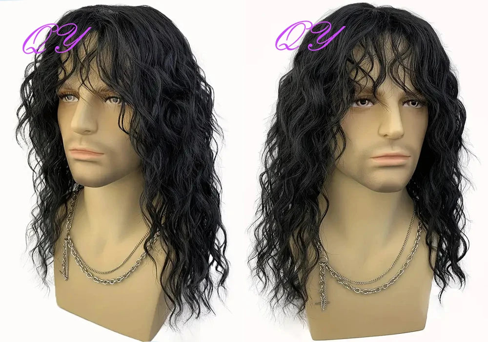 Synthetic Men Wig Natural Curly Dark Brown Color Male Wig With Bangs Water Wave Daily or Cosplay Adjustable Man Hair Wig