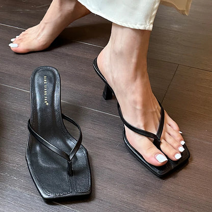Women’s Strappy Heeled Flip Flop Sandals – Square Toe Slip-On Heels