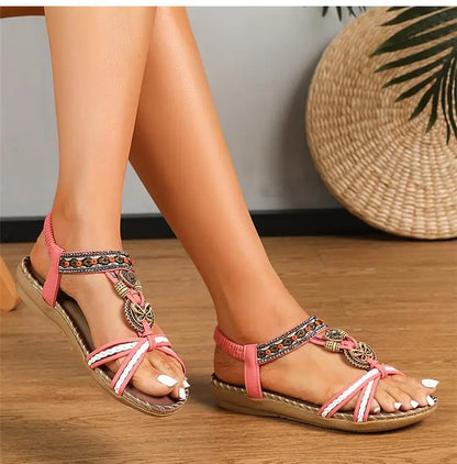 Women’s Boho Beaded Strap Sandals – Casual Summer Walking Shoes