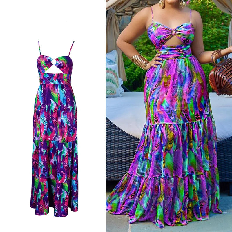 Colorful dress with cut-out design on a white background, worn by a person outdoors.