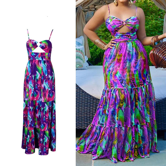 Colorful dress with cut-out design on a white background, worn by a person outdoors.