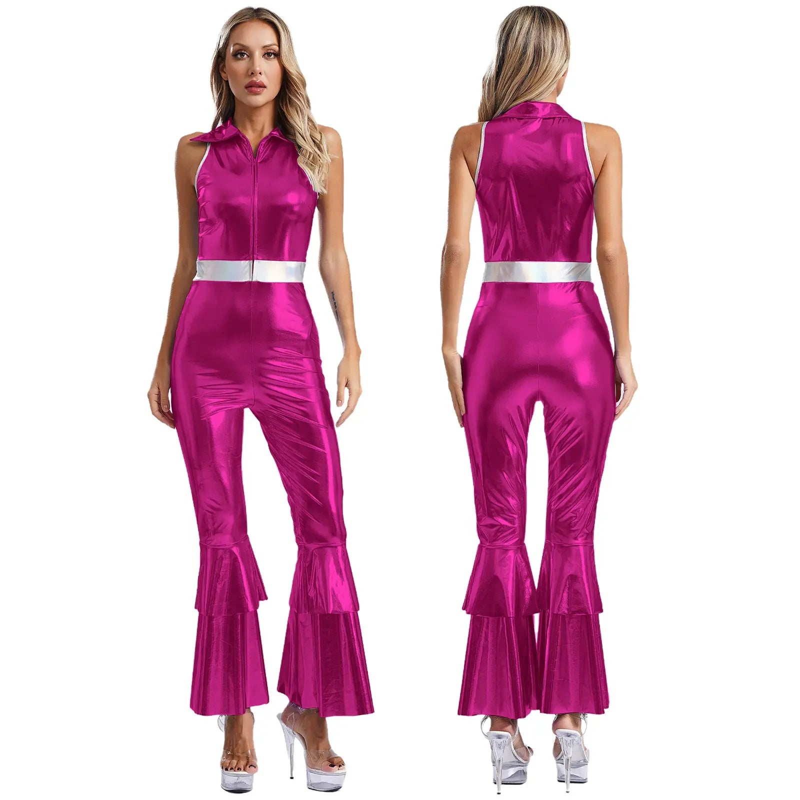 Women’s 70s Metallic Disco Jumpsuit – Sleeveless High – Waist Flared Costume – Black – M