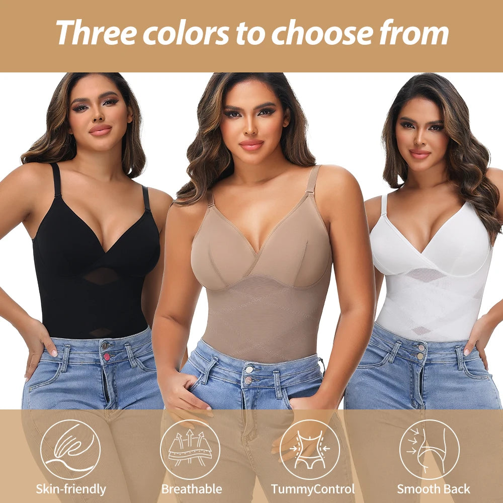 Women's Cross-Back Mesh Shapewear Bodysuit – Slimming Fit, Tummy Control