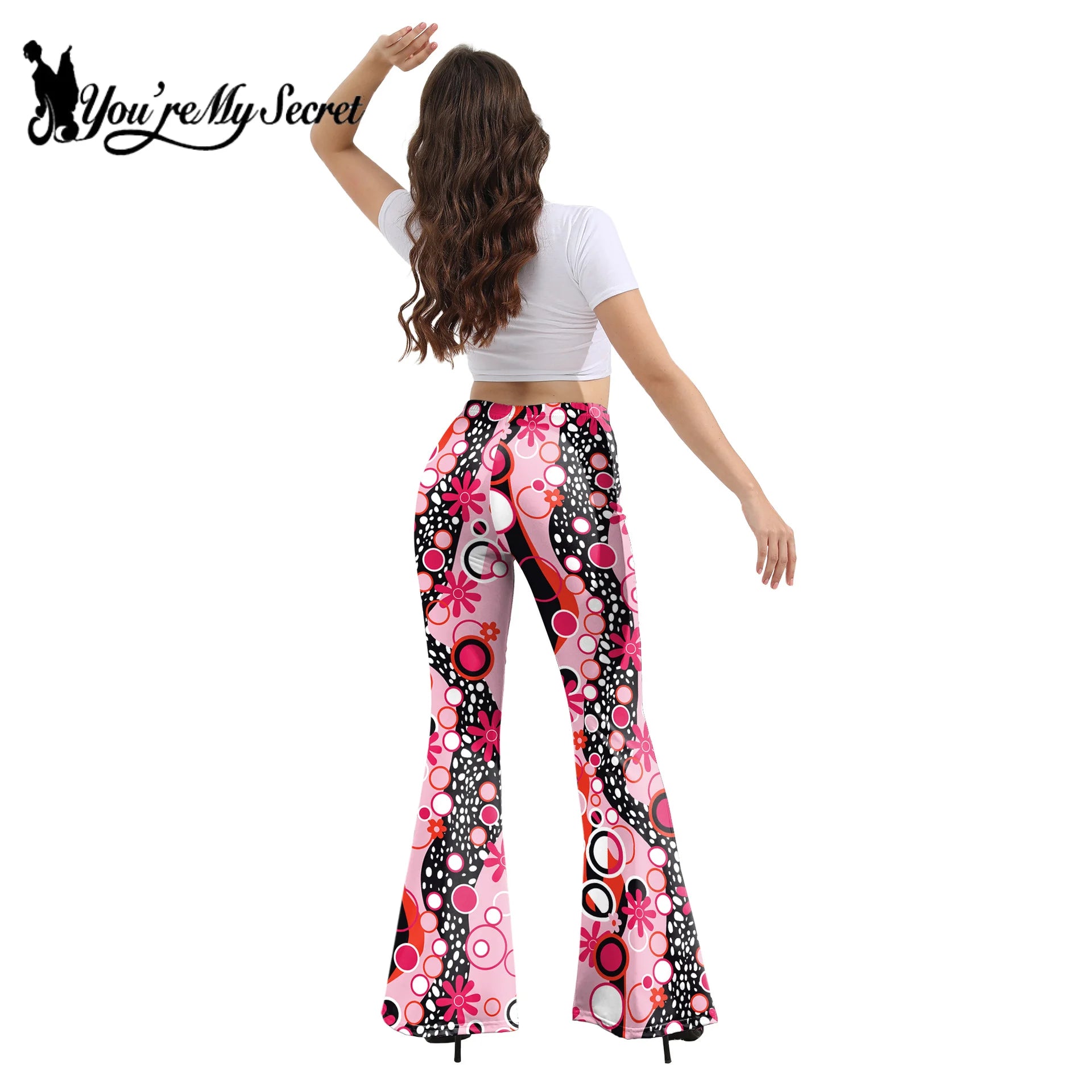 Women’s 70s Floral Bell Bottom Pants – High – Waist Flare Trousers – Pink-retro – XXL