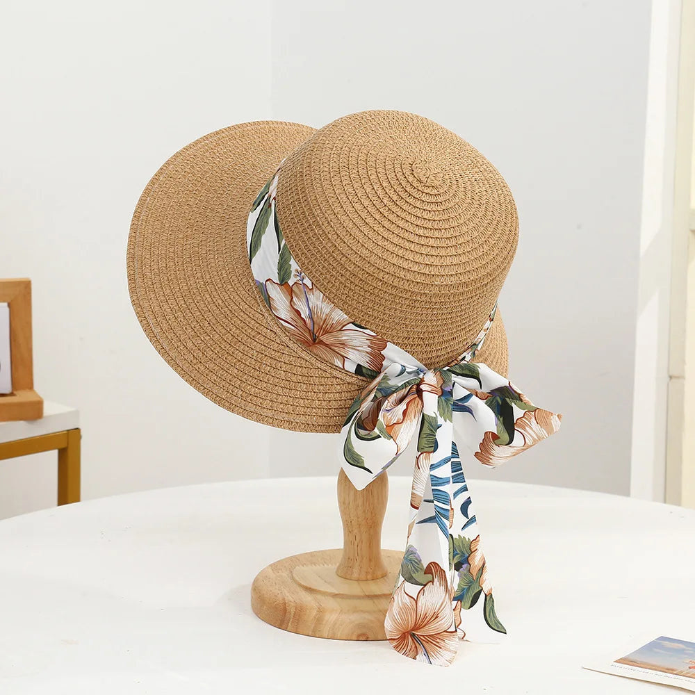 Women’s Wide Brim Straw Sun Hat – Bow Accent, UV Protection