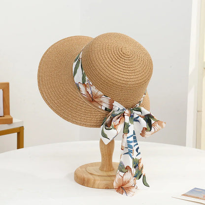 Women’s Wide Brim Straw Sun Hat – Bow Accent, UV Protection