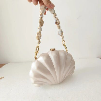 Shell Clutch Evening Bag – Beaded Handle, Formal Elegance